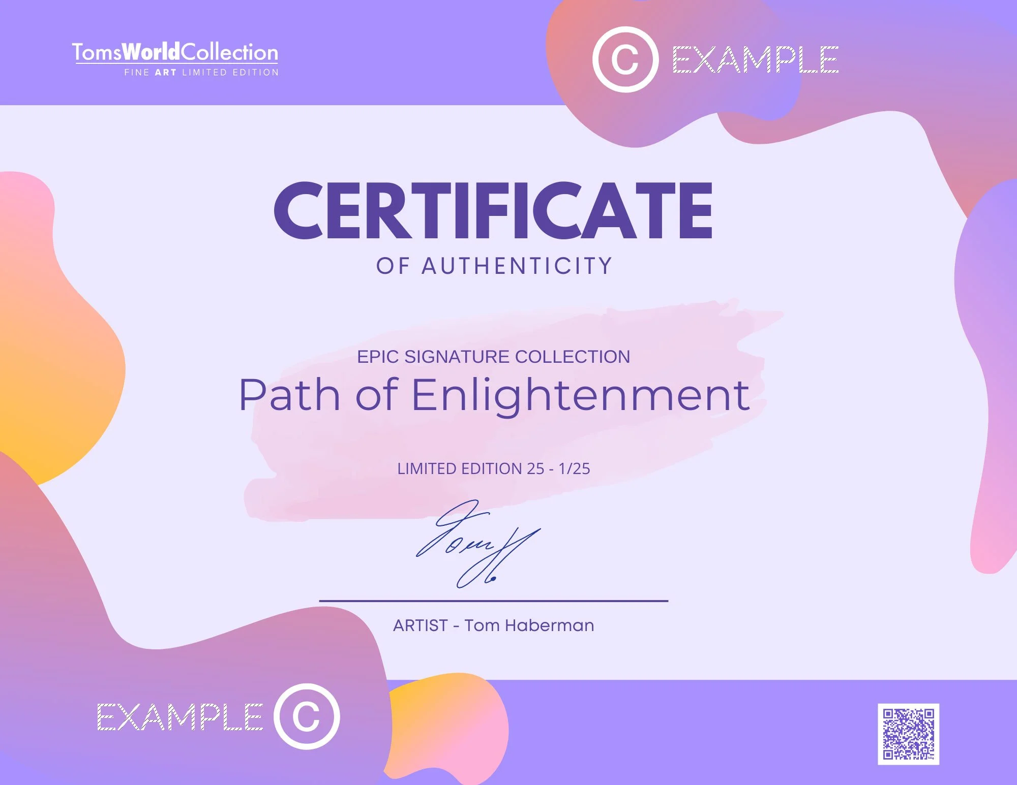 Example Certificate of Authenticity issued with every TomsWorldCollection limited edition fine art print.