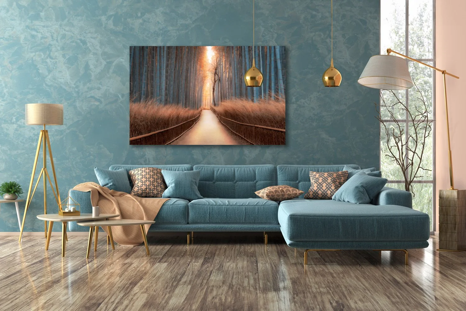 Designer living room with 'The Path of Enlightenment' wall art from TomsWorldCollection, capturing the serene bamboo forest of Kyoto, complemented by a stylish teal sectional sofa and contemporary decor.