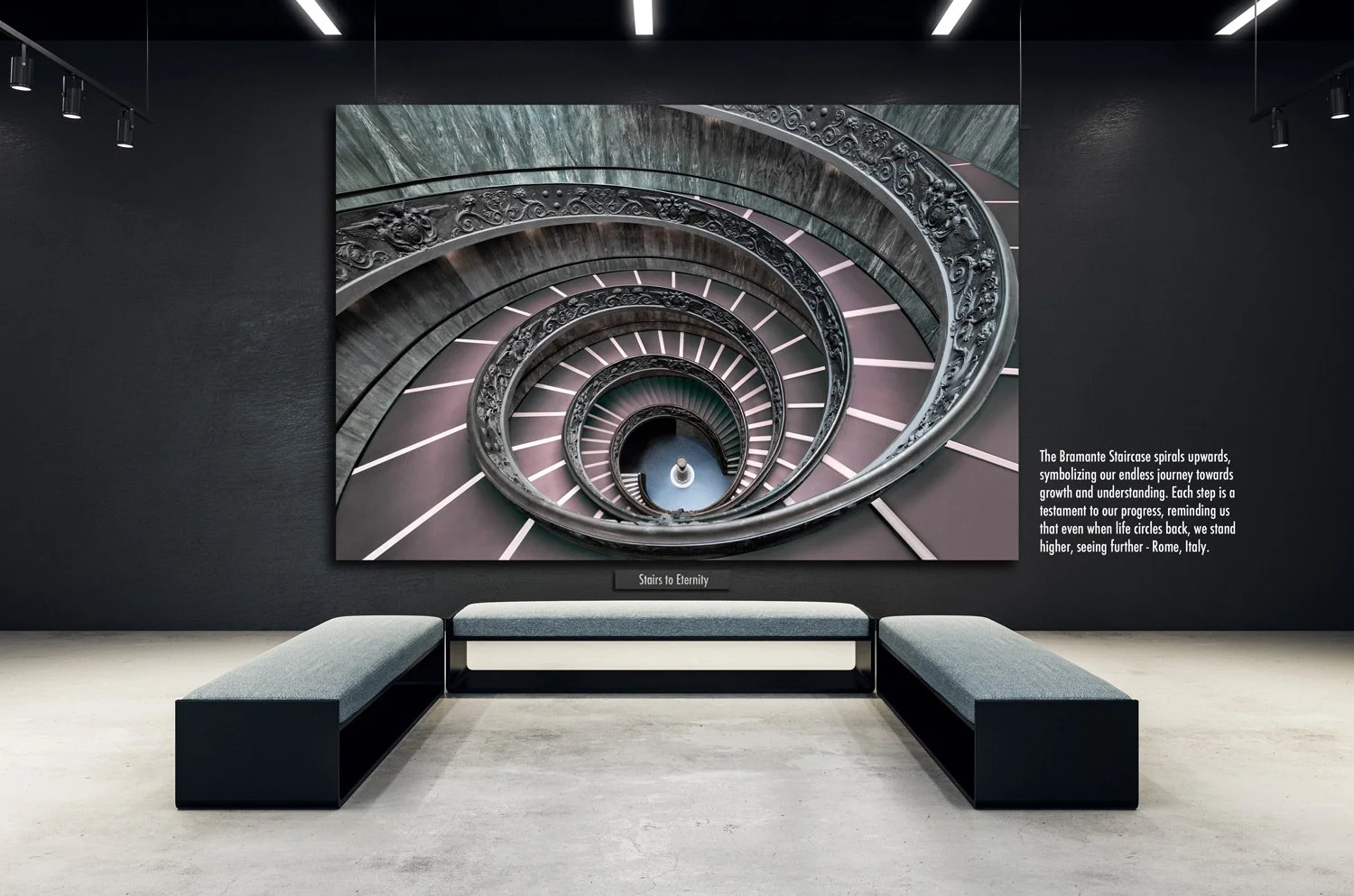 Contemporary gallery layout featuring 'Stairs to Eternity' from TomsWorldCollection, capturing the mesmerizing spiral Bramante Staircase in Rome, Italy, as a metaphor for endless growth and enlightenment in a modern artistic space.